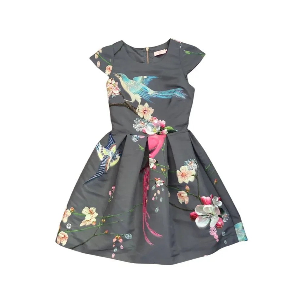 Ted Baker Gray Bir Print Dress Size 0 US size 2 - Picture 3 of 8